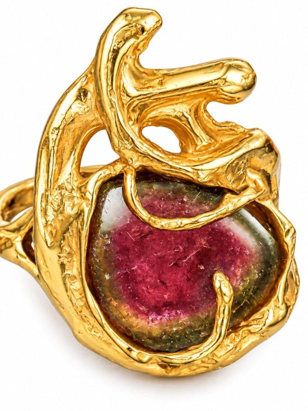 Watermelon Tourmaline Statement Ring, Sculptural Gold, Approximate Size 7